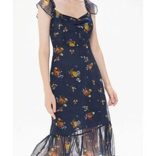 Urban Outfitters Midi Dress Women's 2 Navy Blue Floral Cap Sleeve Chiffon Y2K