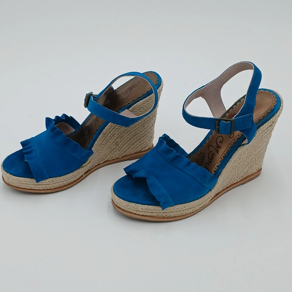 Naughty Monkey Love Leather Wedge Sandal Teal Suede Ruffle Jute Platform Sz 9.5 - Image 3 of 4