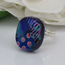 Fused glass cocktail ring, blue pink dichroic, adjustable, r306 MWeil
