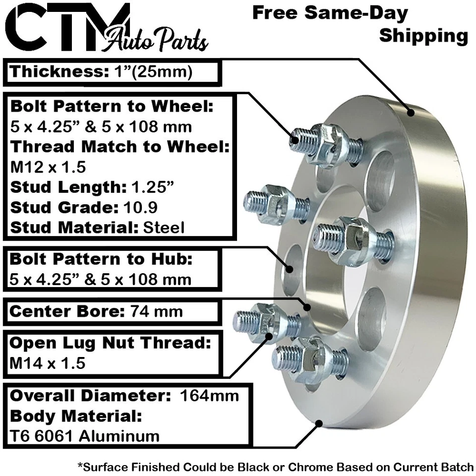 2x 1" Thick 5x4.25" (5x108mm) Wheel Spacer Adapter Fit Land Rover Jaguar & More - Image 2 of 4