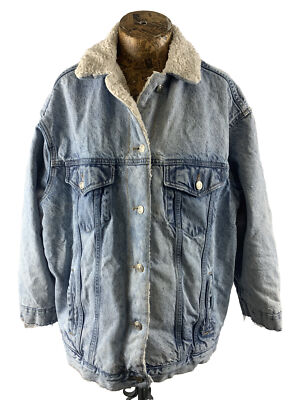 TOPSHOP DENIM JACKET 10 INDIGO Stone Bleach Teddy Fleece