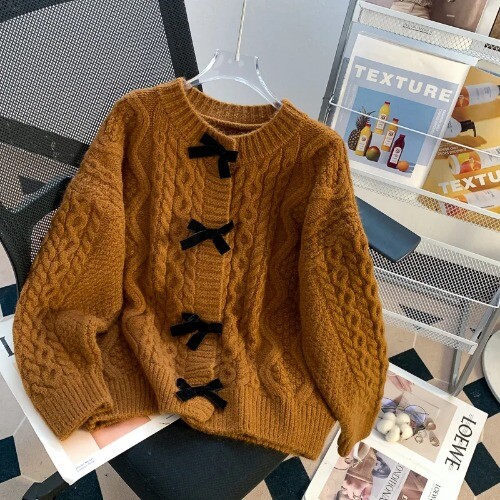 Bow Tie Sweater Loose Lazy Round Neck Knitted Cardigan 2024Vintage Women's Coat - Bild 7 von 28