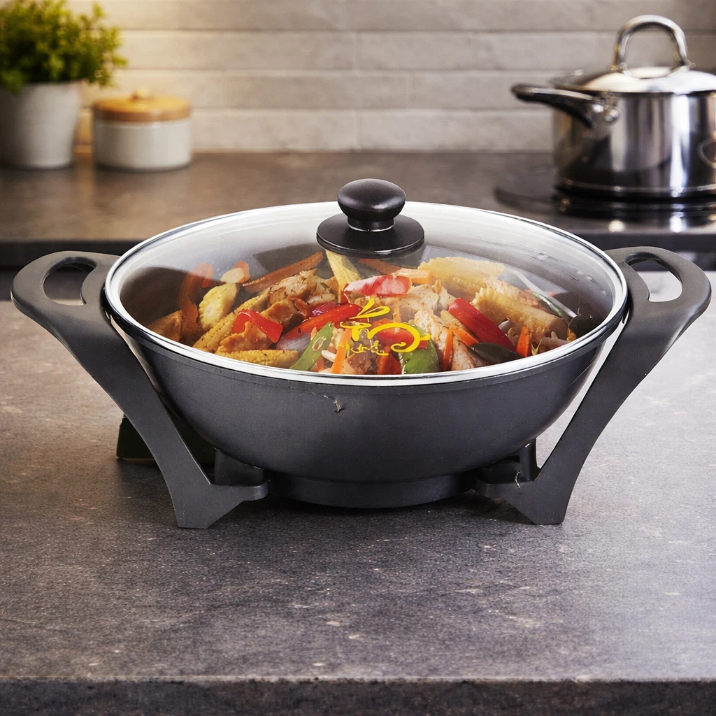 Chef’s Counter 2-Piece Electric Wok with Tempered Glass Lid – Non-Stick