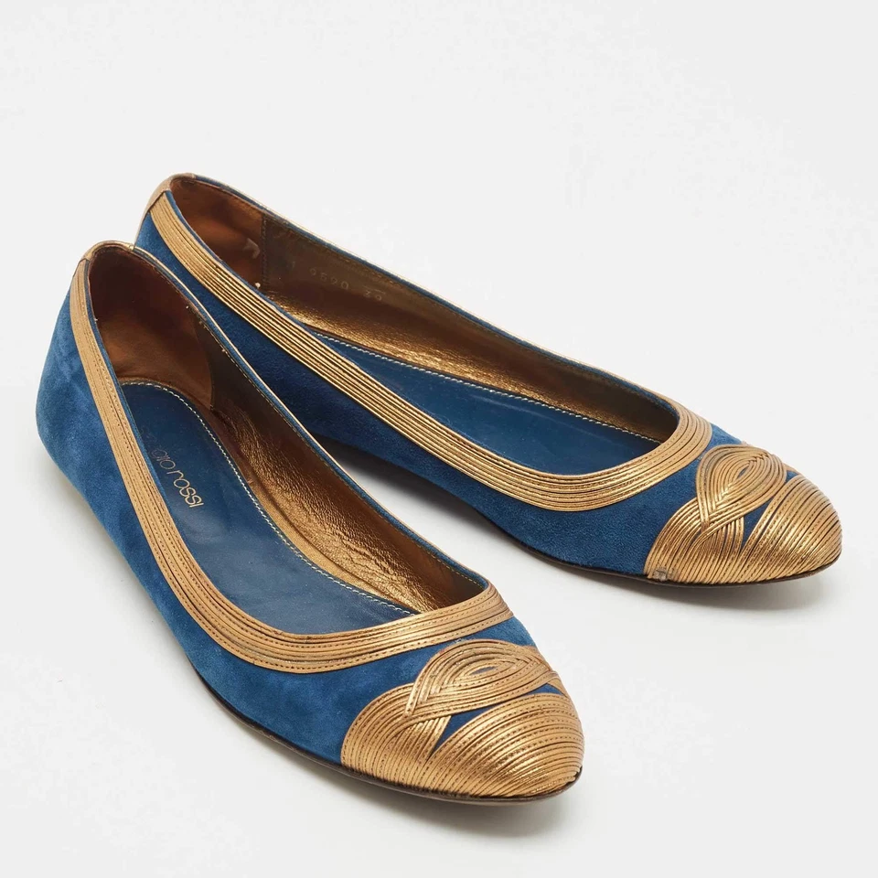 Pisos de ballet Gianvito Rossi de cuero y gamuza azul dorado talla 39 Foto 4 de 4