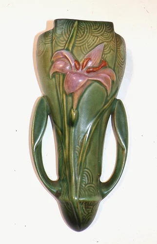 ROSEVILLE Pottery "Zephyr Lily" WALL POCKET, Green w/Purple Flower, 1297-8", EX!