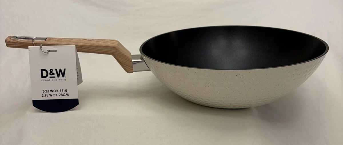 D&W Deane & White Wok 3qt/11” White Non-Stick Wooden Handle NWT