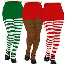 Suhine 3 Pairs Plus Size Christmas Striped Tights High White, Red, Green