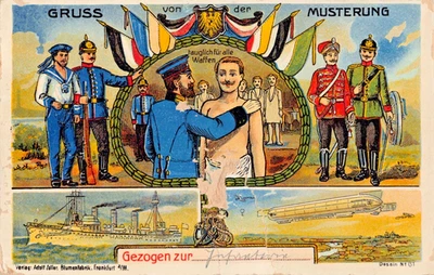 Musterung Postkarte Soldaten Waffengattungen Deutsches Reich Flaggen Farb Litho - Bild 1 von 4