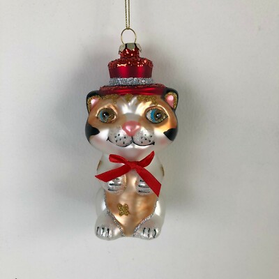Christmas Ornament Cat Orange White Red Hat Bow Kitten Big Head Sparkly Holiday 