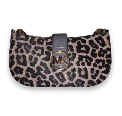 Michael Kors Carmen Small Gray Leather Leopard Haircalf Pouchette Handbag Purse