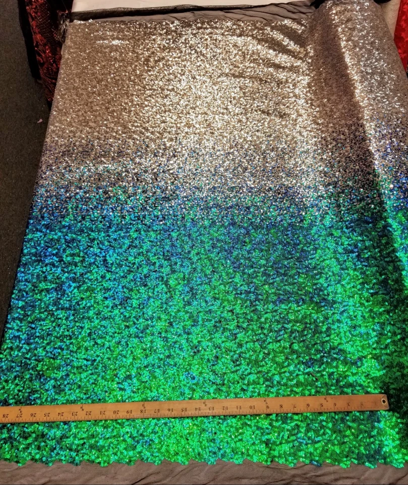 Iridescent Pearl Green to Silver Nylon 2 WAY Stretch Mesh OMBRE Sequin Fabric - Image 3 of 4