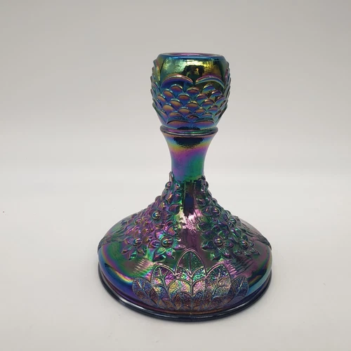 Fenton orange tree carnival glass candle stick holder iridescent electric blue