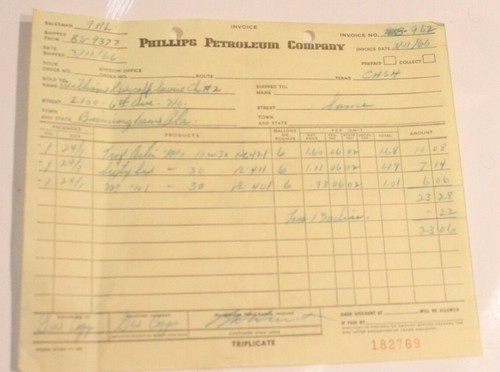Vintage Phillips Petroleum Company Invoice March 11 1966 Box2