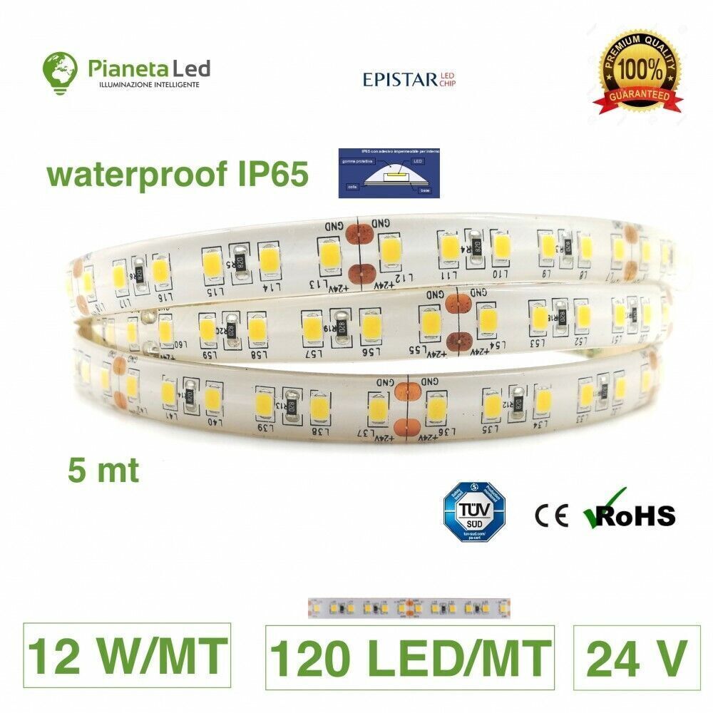5m Striscia LED 24V IP65 600 LED 2835 Premium | Alta Efficienza 12W/mt