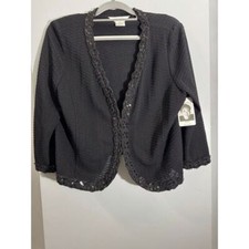 Misook Blk NWT Diamond-Grid Knit Sequined-Mesh Trim 3/4 Slv Cropped Jacket XL