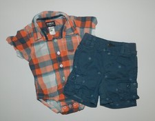 OshKosh boys Blue STAR Cargo SHORTS  Plaid Bodysuit OUTFIT 9 12 months