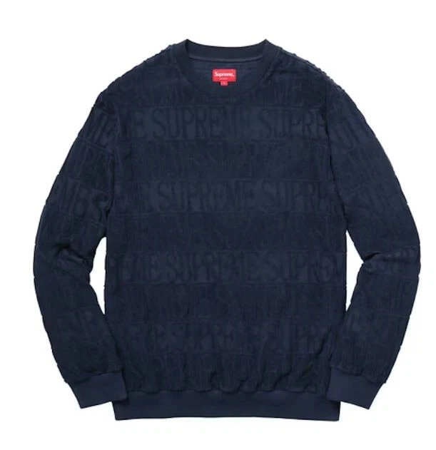 Neuf Supreme Homme Logo Stripe Terry Crewneck XLarge Navy Streetwear SS17 52432