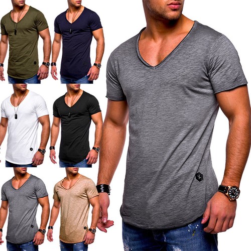 Mens Short Sleev V Neck T Shirt Solid 