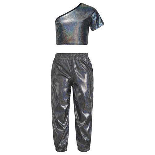 Girls Set Shiny Costume 2pcs Outfits Jazz Crop Top Elastic Waistband Dancewear - Picture 14 of 66
