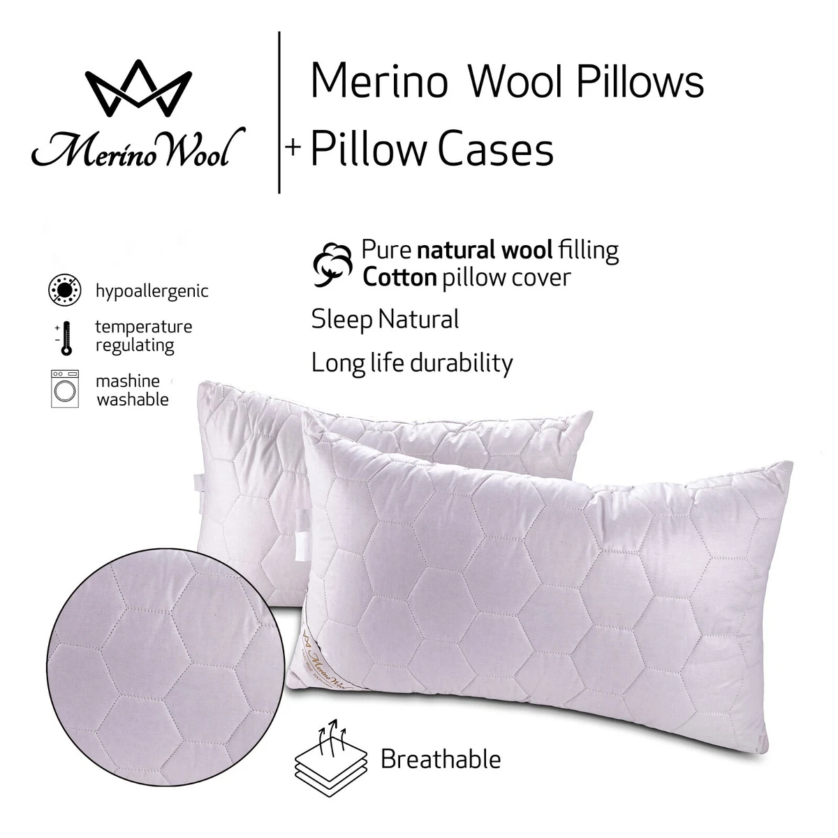 Natural Merino Wool Balance Standard Pillow Bed Pillow Cotton