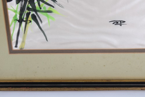 Vintage Chinese Finches on Bamboo Watercolor Painting On Silk Signed And Framed - Picture 9 of 13