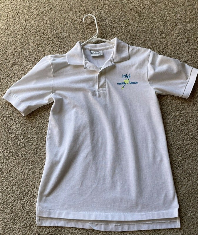 Intel Tennis Short Sleeve Collared T-Shirt Adult Small - White -VG Condition 