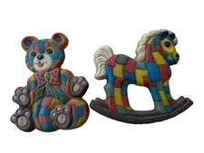 Colorful Patchwork Bear Rocking Horse Plastic Wall Plaques by Foamcraft 8848