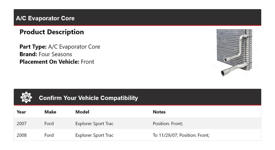 Para 2007-2008 Ford Explorer Sport Trac A/C evaporador núcleo dianteiro 4 estações - Imagem 2 de 4