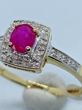 9ct Yellow Gold Ruby Gemstone and Diamond Cluster Ring, Sizes J to Q  (295)