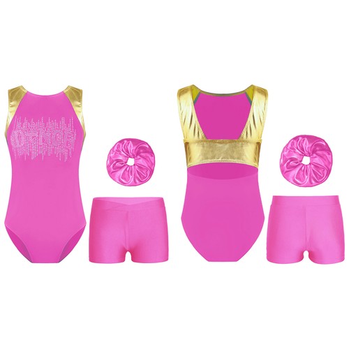 Kids Girls Rompers Sport Bodysuit 3 Piece Leotard With Shorts Dance Sequins Gym - Picture 14 of 59