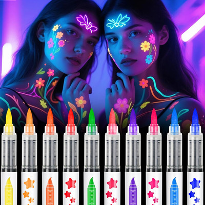Glow in the Dark Face Paint Markers 10 Colors, Black Light Neon Body Paint Pens 