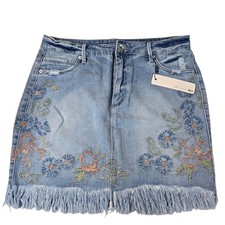 Tractr Blue Denim Skirt with Floral Embroidery Fringe Hem SZ Large Indigo Dyed