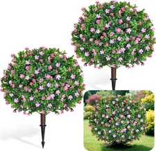 Artificial Boxwood Topiary Ball with Pink Flower Set of 2 25.5 Inches UV Resi...