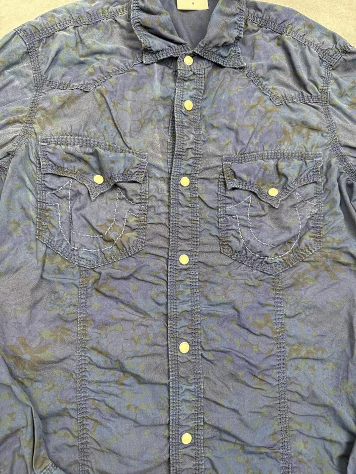 Camisa True Religion Mujer Mediana Azul Floral Perla A Presión Occidental Manga Larga EE. UU. Foto 3 de 4