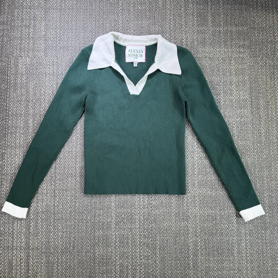 Suéter Alexia Admor Cristi Mujer XS Verde Blanco Ajustado Acanalado Preppy Academia Foto 2 de 4