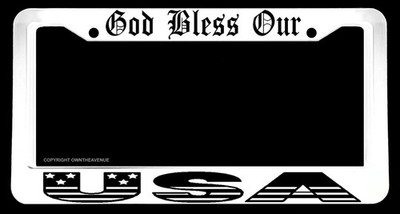 God Bless Our USA American Flag Patriotic White License Plate Frame