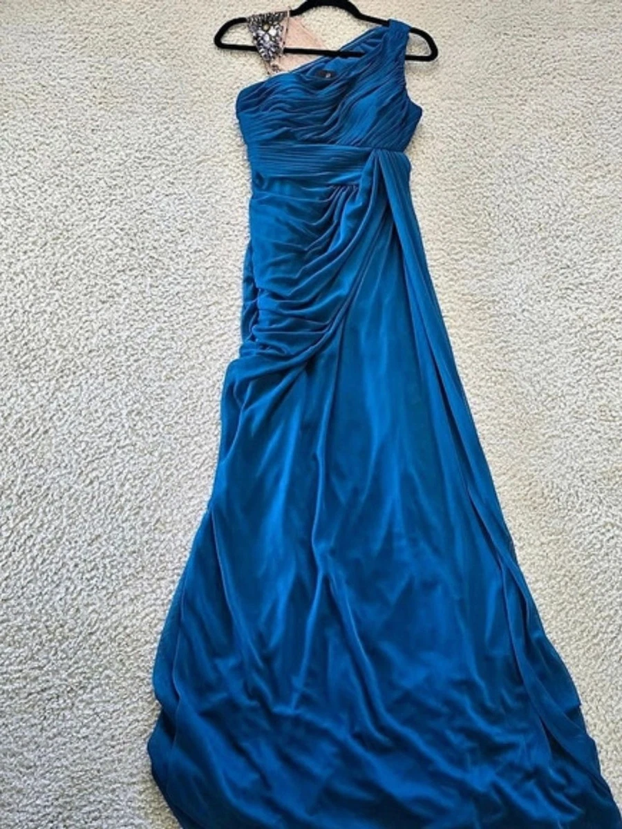 Maxi Vestido Adrianna Papell Un Hombro Acanalado Azul Talla 8
