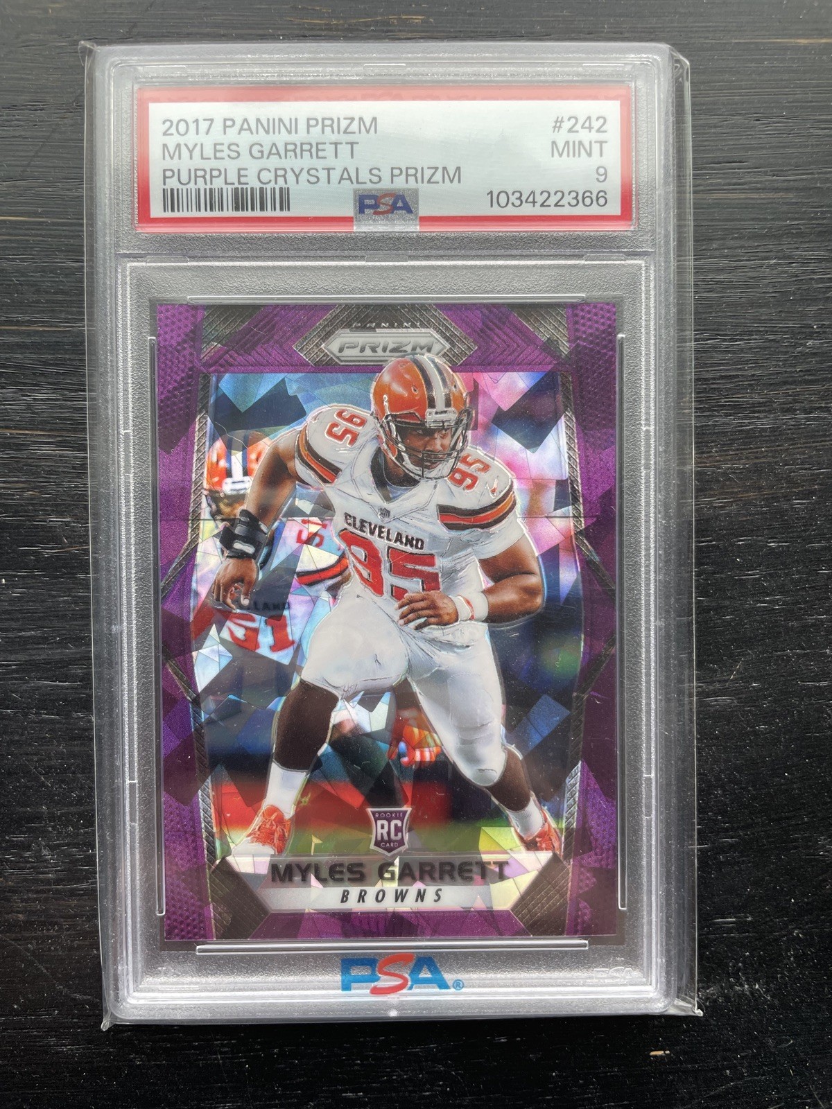 2017 PANINI PRIZM PURPLE CRYSTALS PRIZM #242 MYLES GARRETT ROOKIE RC #/75 PSA 9