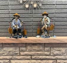 Shiwan Chinese Fisherman Farmer Couple Porcelain Statues, Pair Large 13”