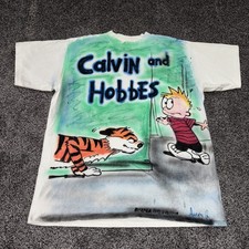 Vintage Calvin and Hobbes Shirt XL Comic Cartoon 90s Hand Spray Painted Rare