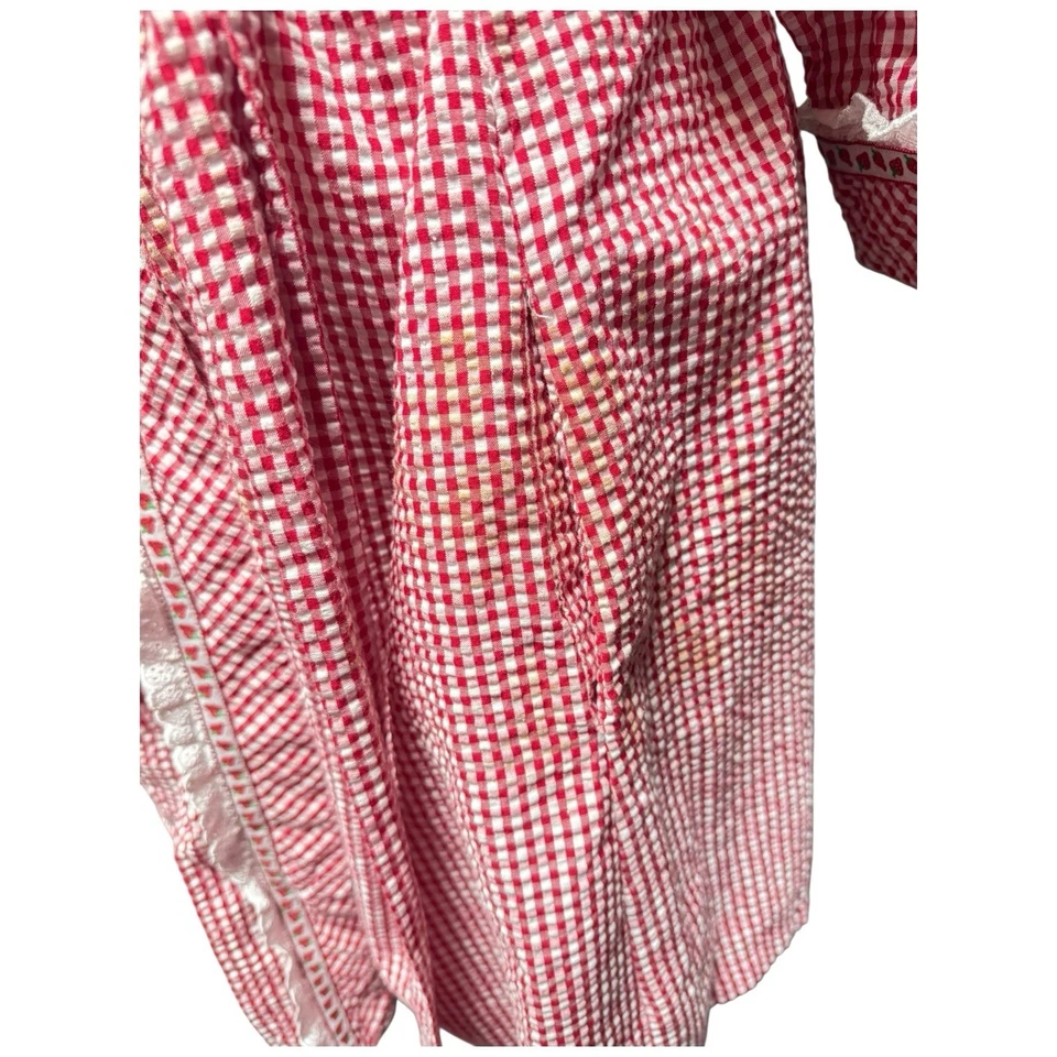 Bata de colección LANZ OF SALZBURG para mujer roja blanca guinga fresa encaje ribete grande Foto 4 de 4