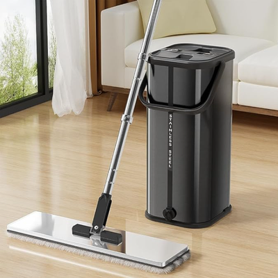 #ad Flat Mop Bucket Set Separate Dirty Water Stainless Steel Bucket 2 4 6 Pads $23.50
