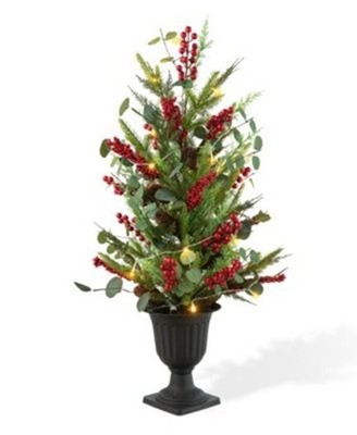 GLITZHOME 36''H Christmas Lighted Pine Needle and Eucalyptus leaf Urn Porch Tree