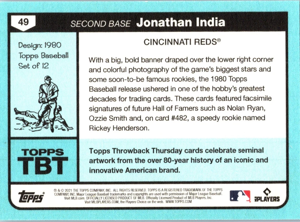 2021 Throwback Thursday #TBT Online Exclusive /1222 Jonathan India #49 Rookie RC - Image 2 of 2