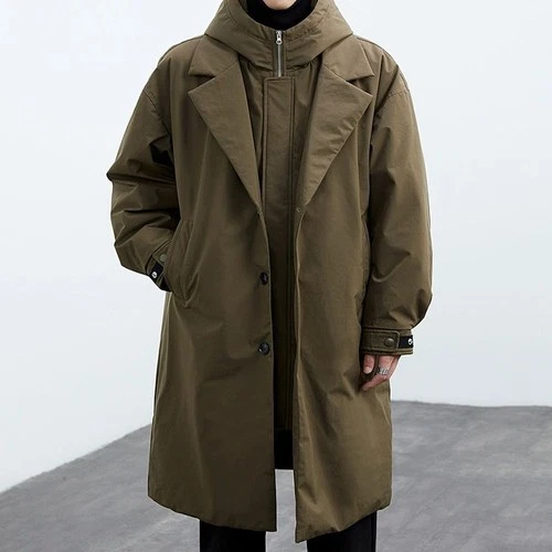 Men's Faux Two-Piece Hooded Mid-length Trench Coat - product listing photo