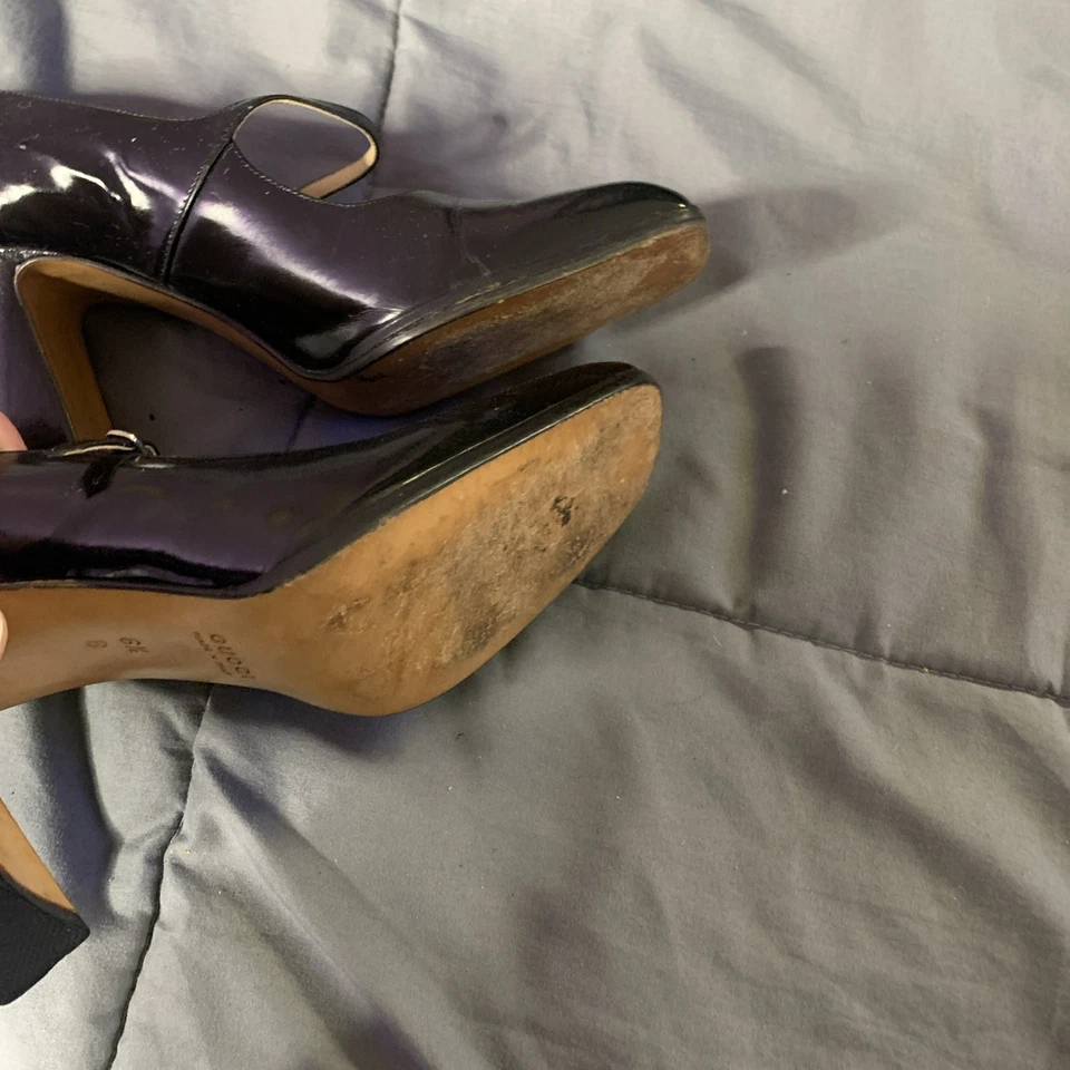 DE COLECCIÓN MUJER GUCCI CUERO NEGRO BLOQUE MADERA TACONES ZAPATOS RETRO PUNTERA CUADRADA TALLA 6.5B Foto 3 de 4