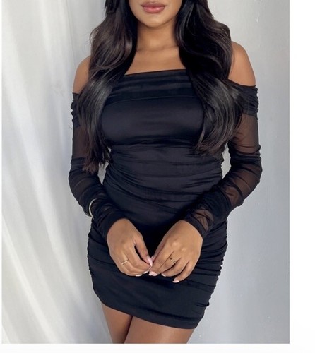 NEW TIGERMIST BLACK MESH LONG SLEEVE OFF SHOULDER MINI DRESS 10 14 - Picture 2 of 5