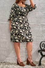 Plus Size 24 Black Cream Floral Print Square Neck Tie Sleeve Midi Dress 