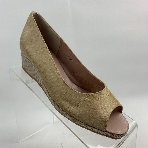 Sesto Meucci Espadrilles Gold Raw Silk Open Round Toe Wedge Heel Size 6.5M - Picture 3 of 11