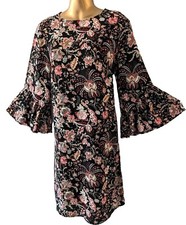 H&M womens black floral 3/4 length flounce flared sleeve shift dress size 10/12
